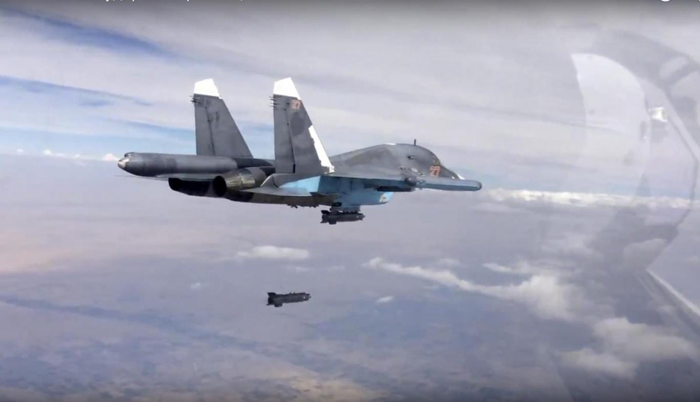 A Russian Su-34 strike fighter releases a bomb over Syria