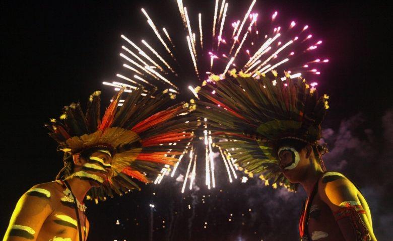 Brazilian indigenous people watch the closing ceremony of the World Indigenous Games