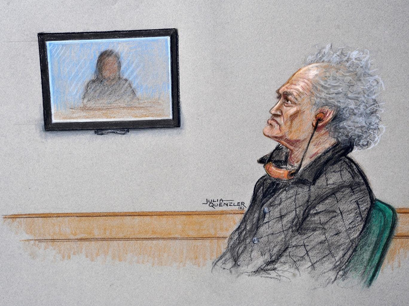 An artist’s impression of Aravindan Balakrishnan in the dock at Southwark Crown Court. His daughter is shown giving evidence by videolink