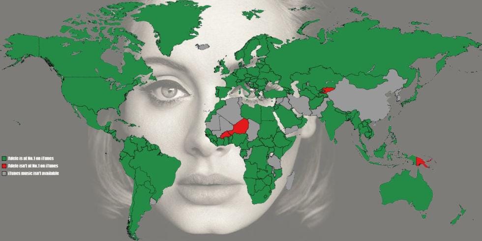 Map of Adele&#039;s No1 positions 