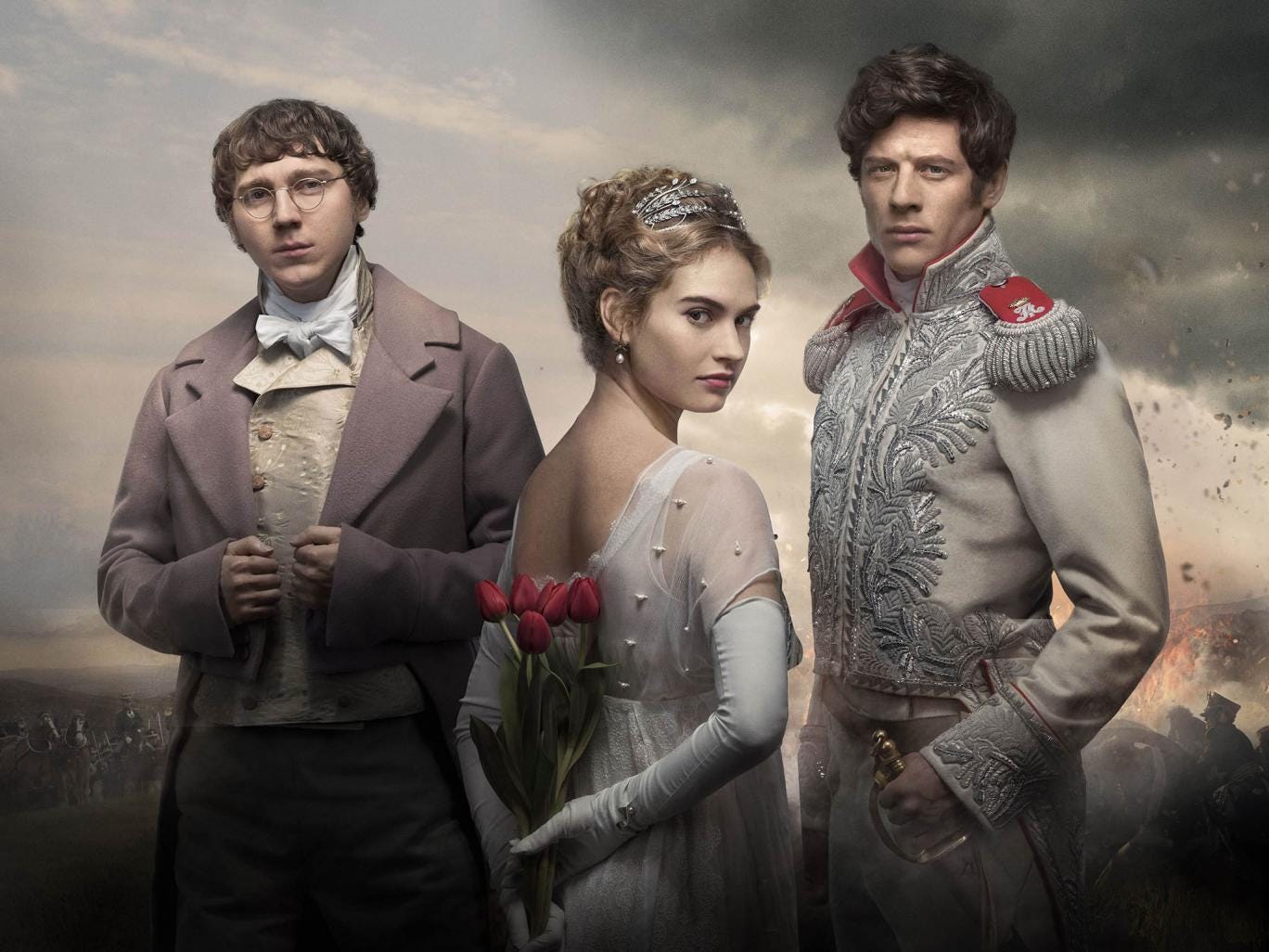 War &amp; Peace - Prince Andrei (James Norton), Natasha Rostov (Lily James), Pierre Bezukhov (Paul Dano) 
