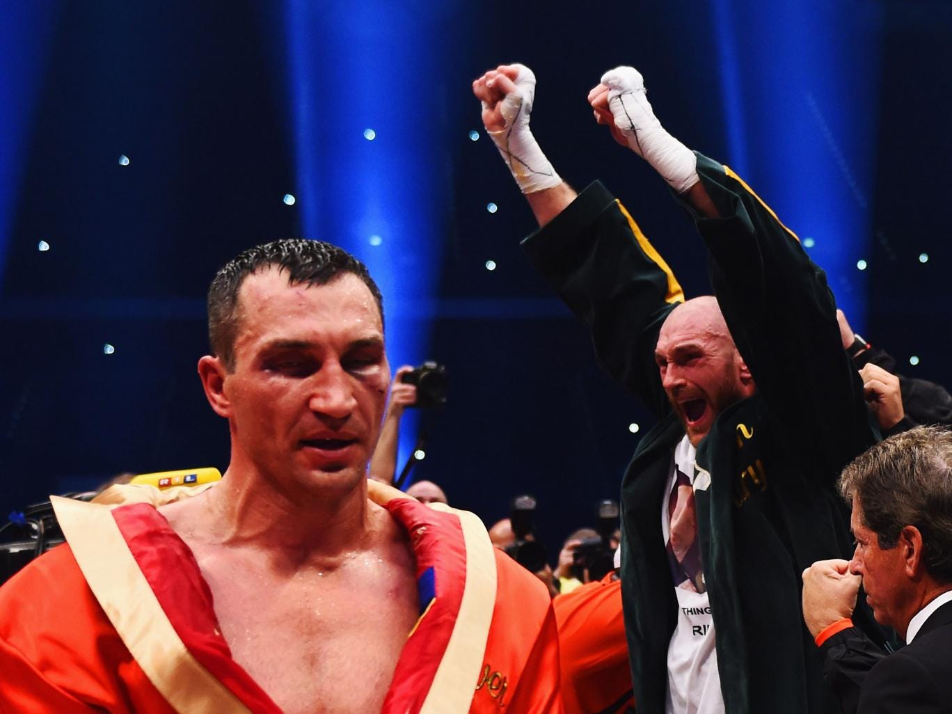Tyson Fury is awarded victory on points against Wladimir Klitschko after 12 rounds (November 28, 2015)
