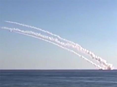 Image from footage taken from Russian Defense Ministry official website shows cruise missiles launching from Rostov-on-Don submarine at eastern Mediterranean Sea in a direction of Syria. Cannot be independently verified by AP.