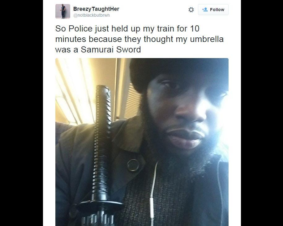 A passenger tweeted about police stopping him for an umbrella that looked like a samurai sword