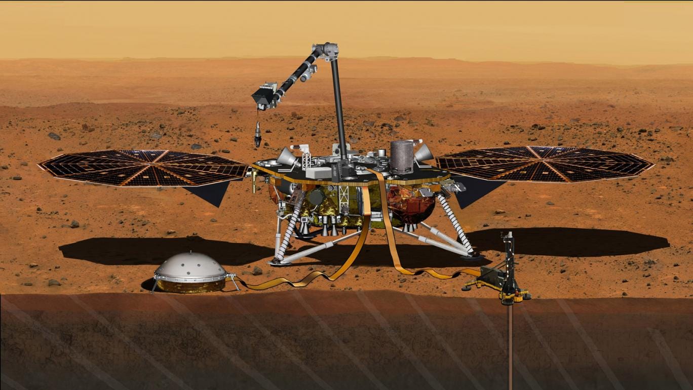 This artist's concept from August 2015 depicts NASA's InSight Mars lander fully deployed for studying the deep interior of Mars.