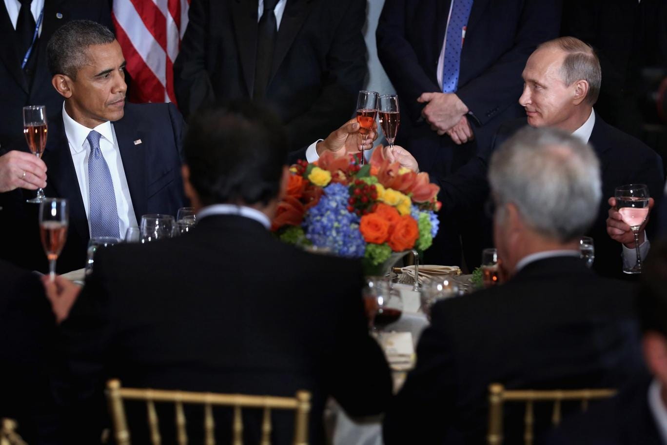 Presidents Barack Obama and Vladimir Putin toast at a UN General Assembly luncheon in September 2015