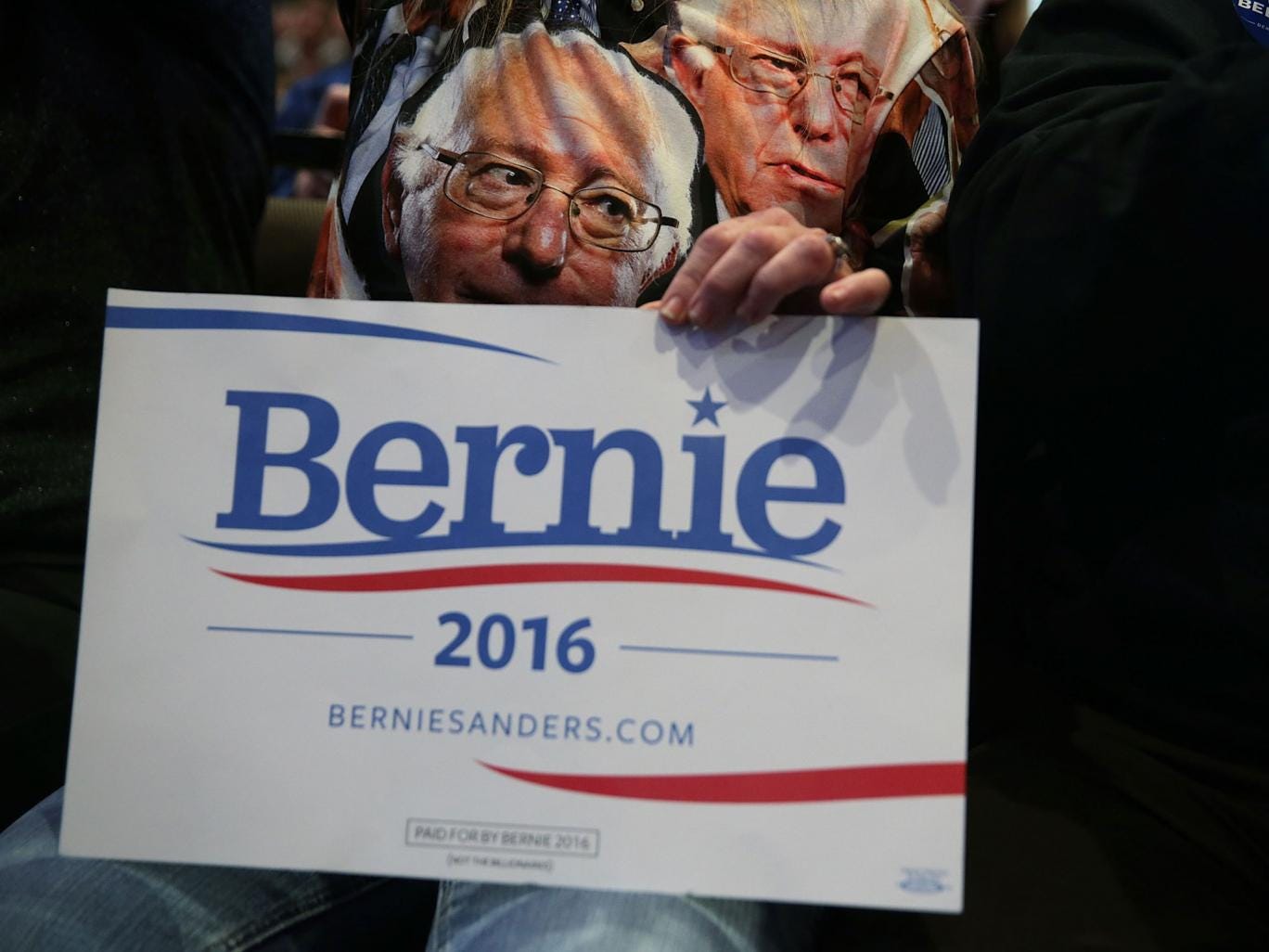 A supporter wears a T-shirt featuring Democratic presidential candidate Bernie Sanders 