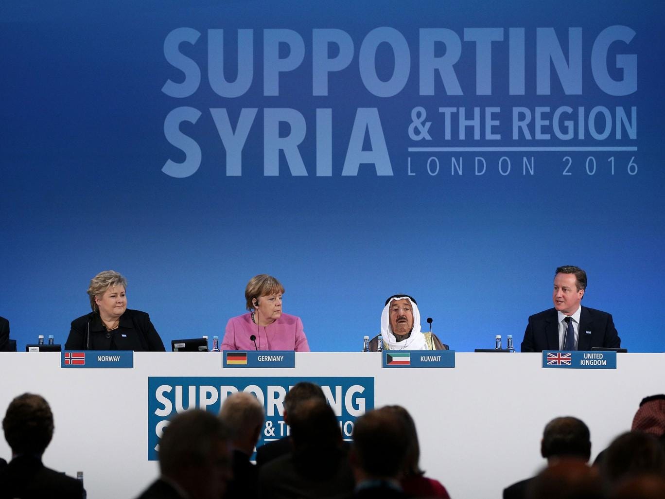 From left to right: Norwegian Prime Minister Lrna Solberg, German Chancellor Angela Merkel, the Emir of Kuwait, Sheikh Sabah al-Ahmad al-Sabah and Prime Minister David Cameron during the 'Supporting Syria and the Region' conference at the Queen Elizabeth 