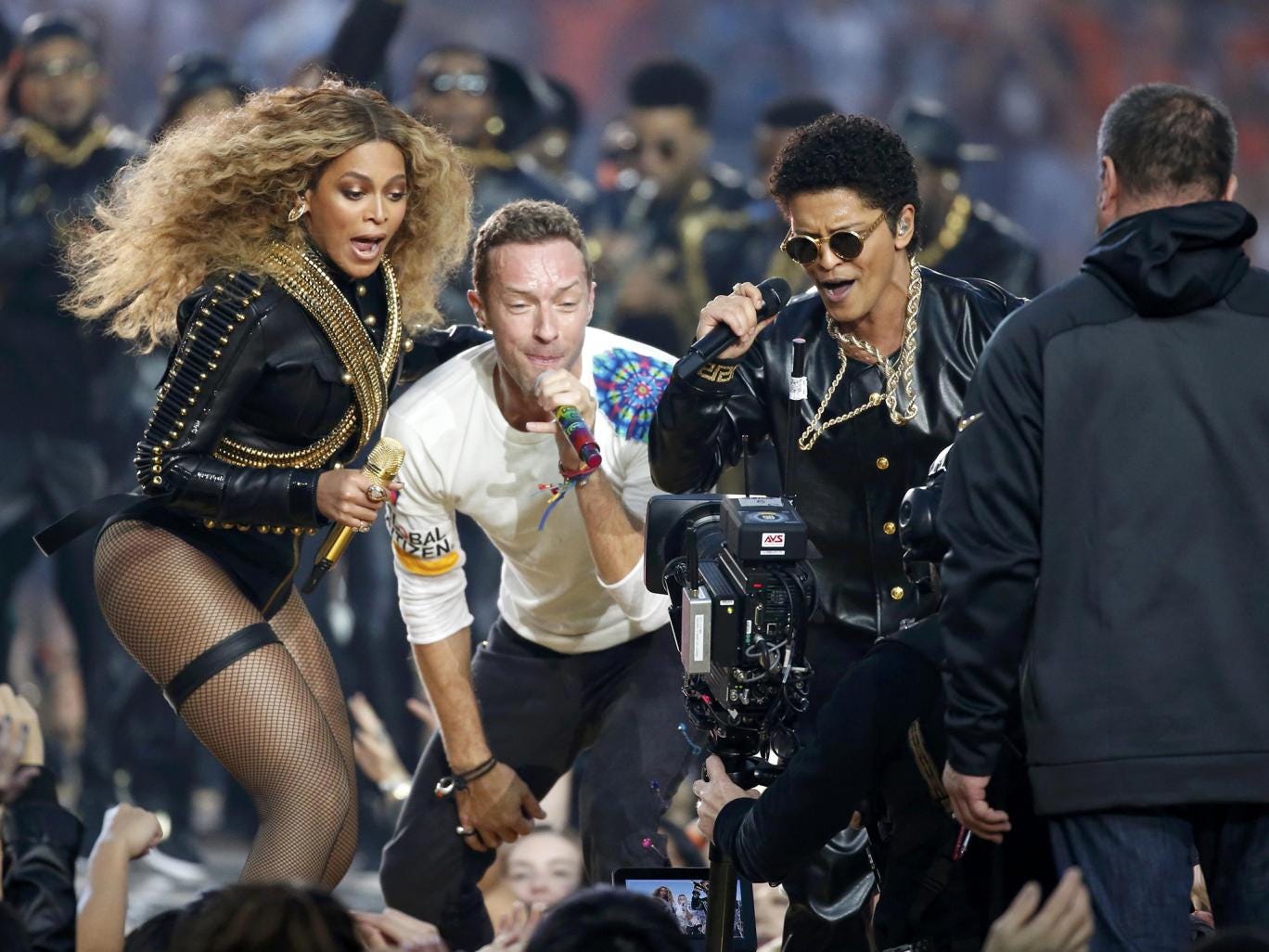 Beyonce, Martin and Mars perform during the half-time show at the NFL's Super Bow