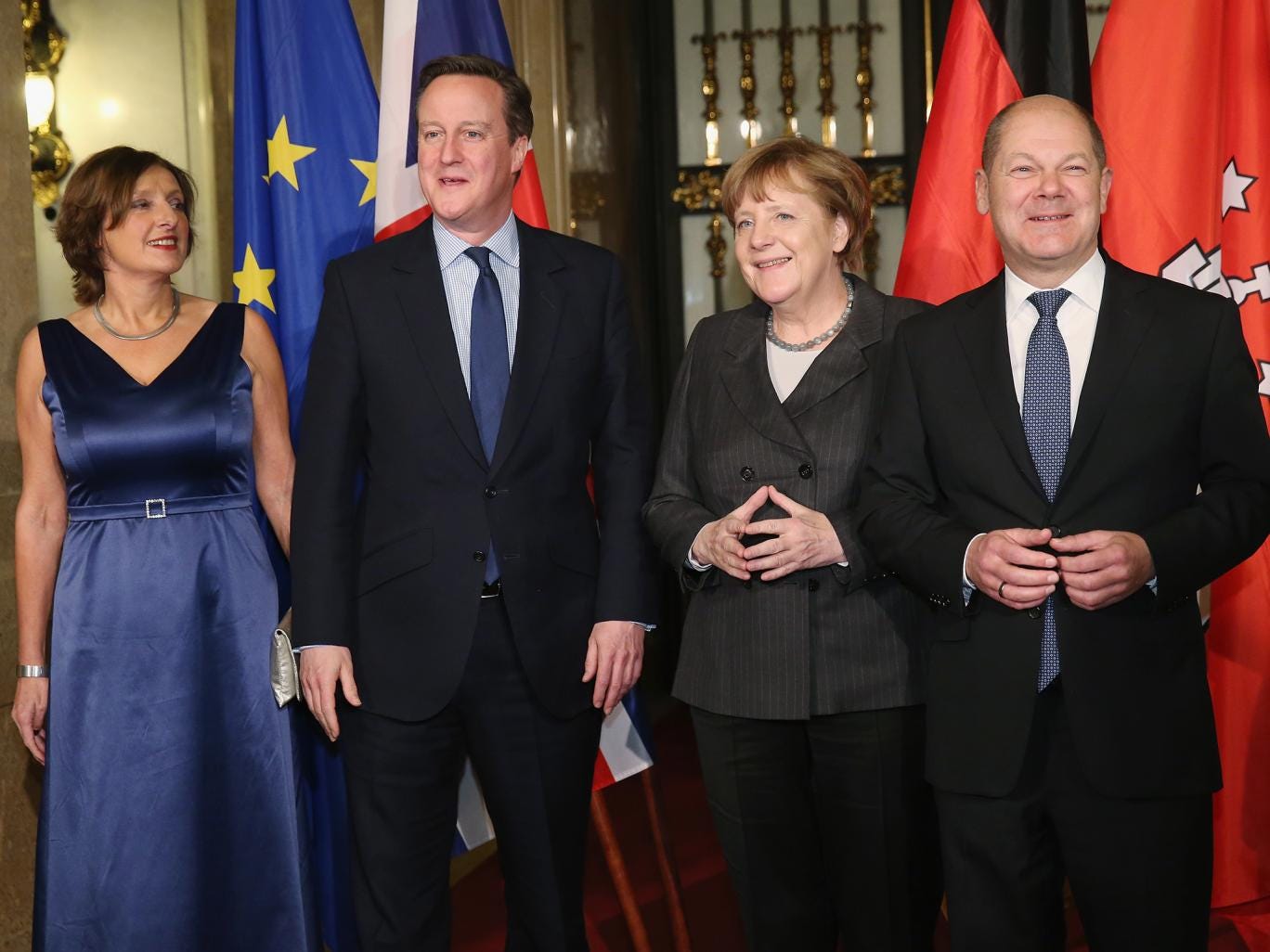 David Cameron with Angela Merkel flanked by Hamburg mayor Olaf Scholz and his wife Britta Ernst at city hall’s annual Matthiae-Mahl dinner