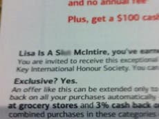 Bank of America sends credit card offer to 'Lisa Is A Slut McIntire'