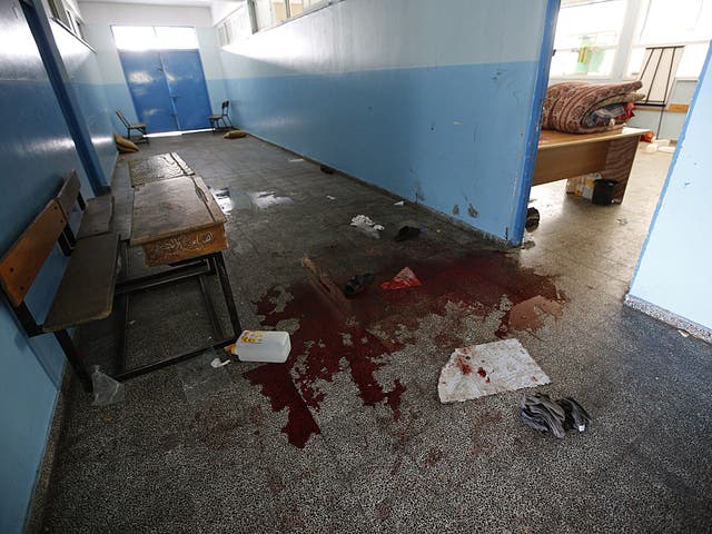 A pool of blood in a UN-operated school after an Israeli air strikes in Beit Hanun town, northern Gaza strip 