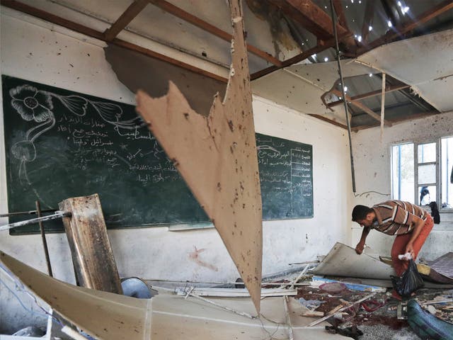 Damage inside a classroom caused by Israeli shelling of the Abu Hussein UN school
