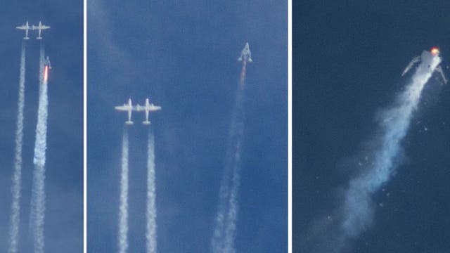 A three-image combination shows the Virgin Galactic SpaceShipTwo rocket separating from the carrier aircraft, deixou, before it exploded, direito, during a test flight on 31 Outubro 2014