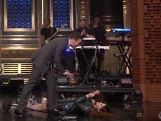 Meghan Trainor falls over in spectacular fashion while performing on the Tonight Show with Jimmy Fallon