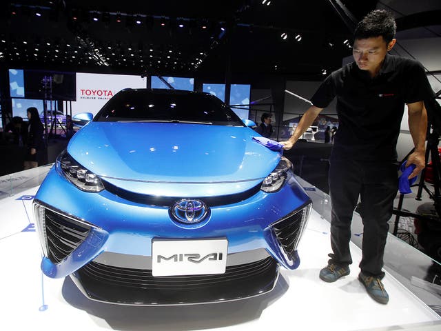 A Mirai fuel cell vehicle by Toyota is displayed at the International Automobile Exhibition in Guangzhou, Chine 
