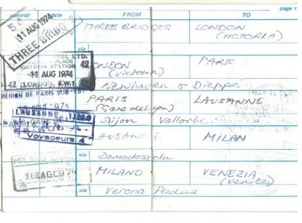 <p>The inside of the original Interrail pass documents where the traveller had been</s>