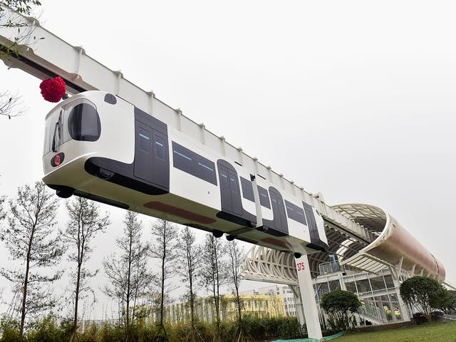 A test line of a new energy suspension railway, resembling a giant panda, is seen in Chengdu, Sichuan Province, China