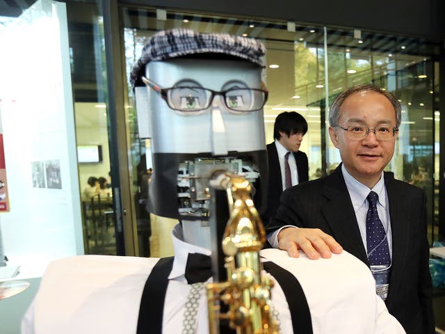 Waseda University's saxophonist robot WAS-5, developed by professor Atsuo Takanishi