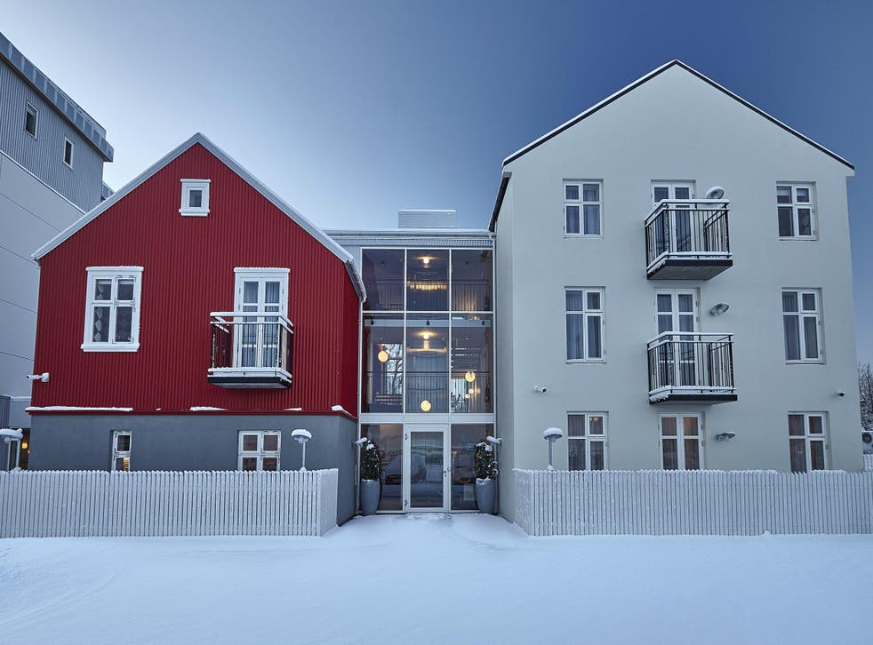 The snowy exterior of the Reykjavik Marina Residence