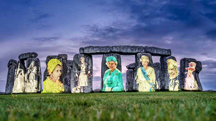 Platinum jubilee: Portraits of the Queen projected onto Stonehenge