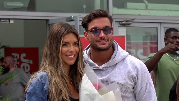 Love Island winners Davide and Ekin-Su greet fans and family as they touch down in UK