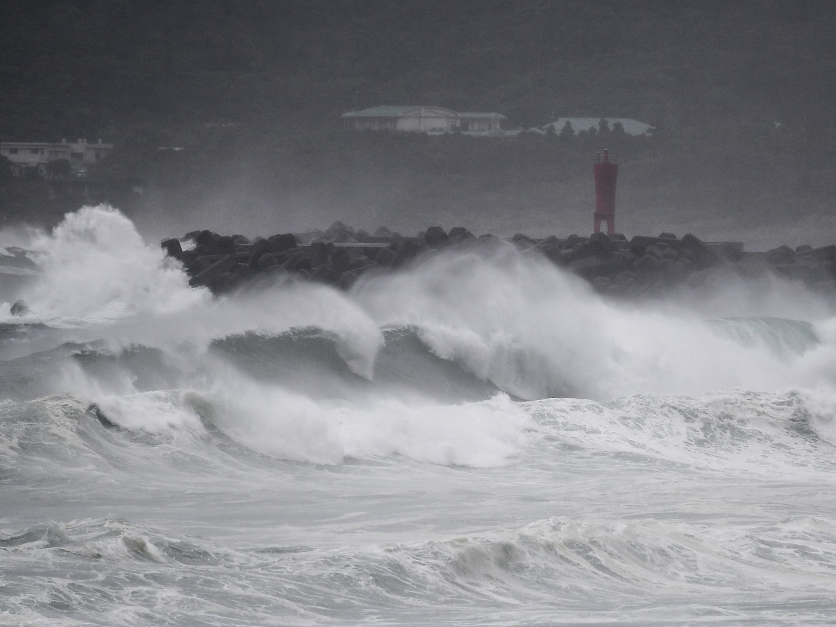 Waves crash on the coast as Typhoon Haishen approaches in Makurazaki, Kagoshima prefecture