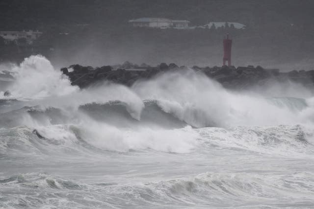 Waves crash on the coast as Typhoon Haishen approaches in Makurazaki, Kagoshima prefecture