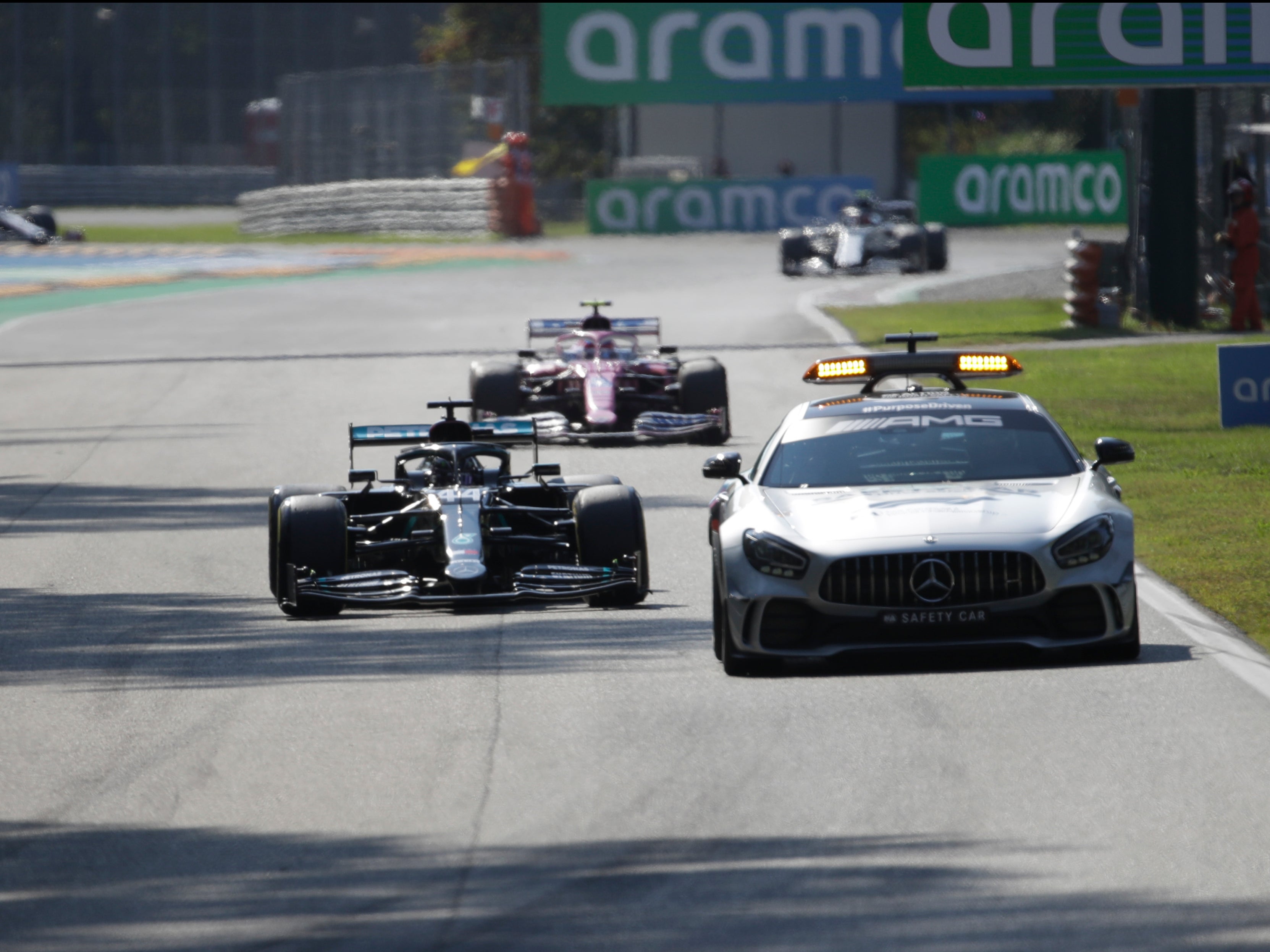 Lewis Hamilton follows the safety car during the Italian Grand Prix