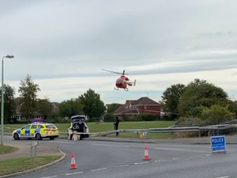 An air ambulance was seen leaving the "serious incident" at Grange Farm in Kesgrave, where a Year 11 student is said to have been involved in a shooting