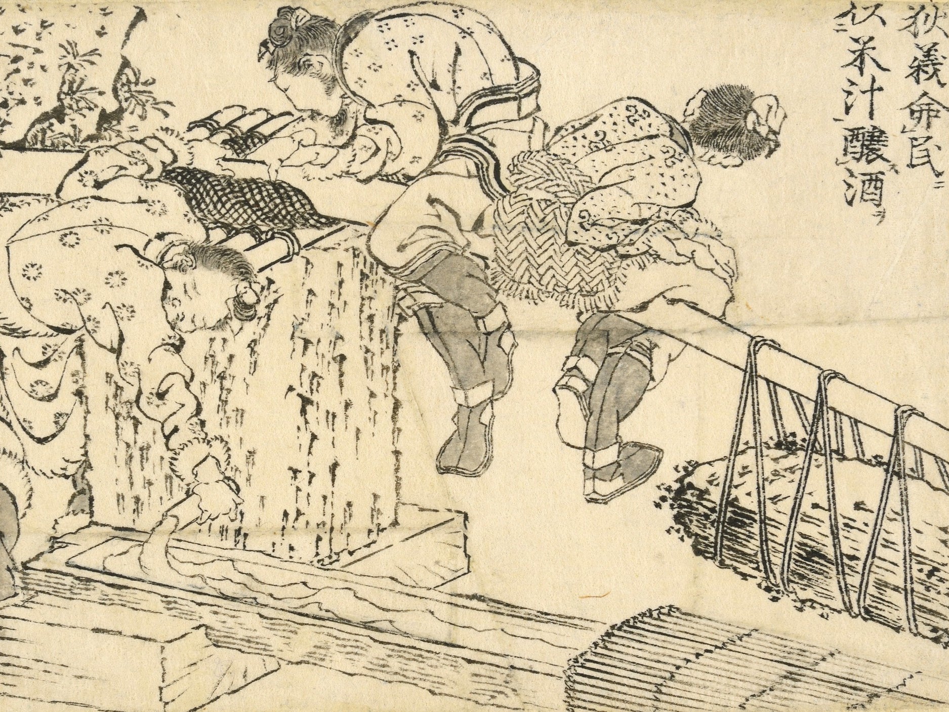 ‘Yi Di (Giteki) orders the people to use rice juice to brew wine’: Yi Di is said to be one of the earliest brewers of rice wine, which he presented to Yu the Great of the Xia dynasty. In this comic scene, men seem to be using the weight of a large rock to squeeze liquor from the rice