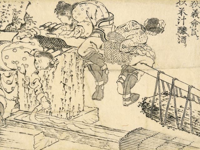 ‘Yi Di (Giteki) orders the people to use rice juice to brew wine’: Yi Di is said to be one of the earliest brewers of rice wine, which he presented to Yu the Great of the Xia dynasty. In this comic scene, men seem to be using the weight of a large rock to squeeze liquor from the rice