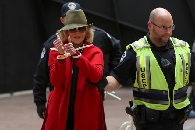 <p>Actress Jane Fonda is arrested by US Capital Police during a climate change protest in 2020 </p>