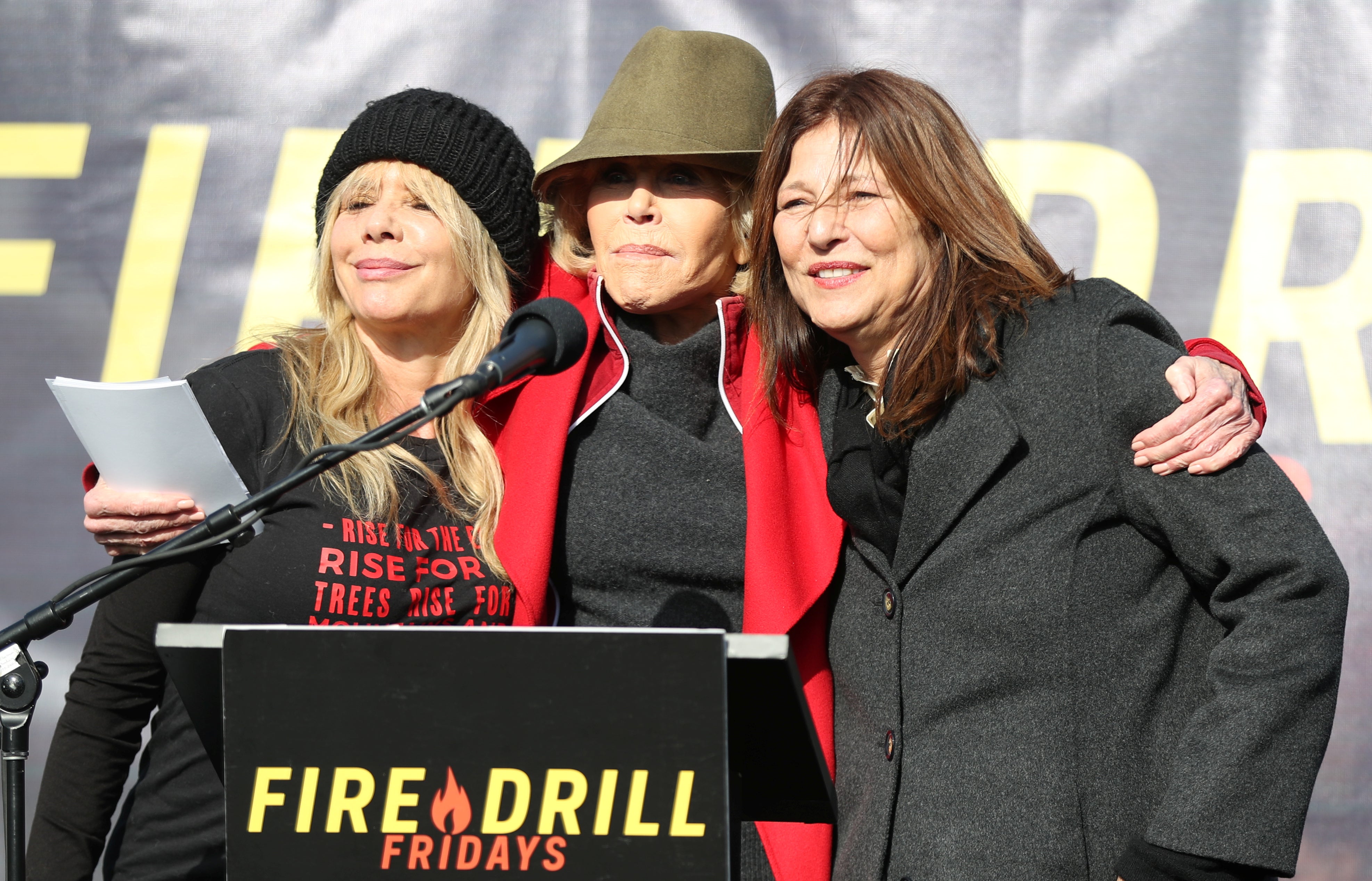 Jane Fonda, Rosanna Arquette, and Catherine Keener appear together at "Fire Drill Fridays" climate change protest outside the U.S. Capitol in Washington