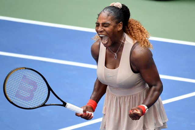 Serena Williams celebrates her fourth-round victory over Maria Sakkari at the US Open