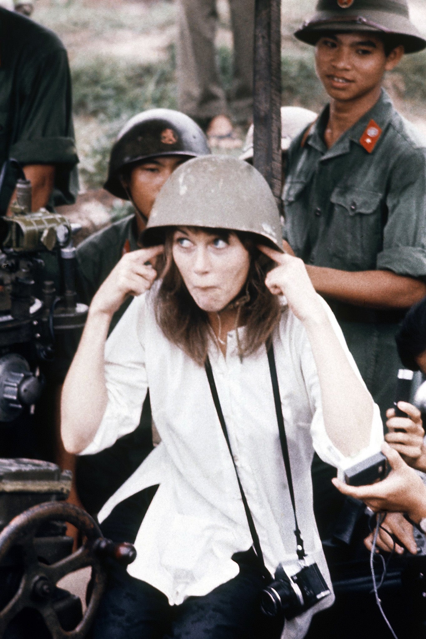 Jane Fonda visits an anti-aircraft gun position near Hanoi, Vietnam, in 1972
