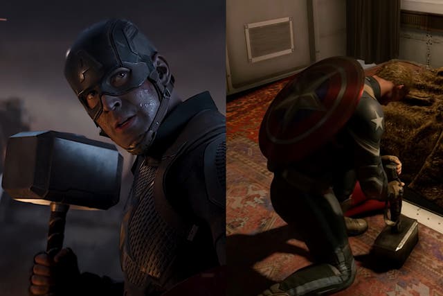 (Left) Captain America lifting Mjolnir in 'Avengers Endgame' and (right) attempting to do the same in 'Marvel's Avengers'
