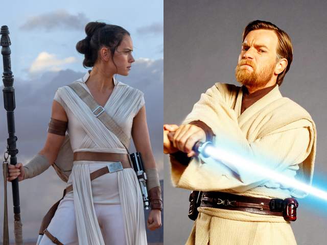 (left) Daisy Ridley in 'The Rise of Skywalker' and (right) Ewan McGregor in 'Revenge of the Sith'