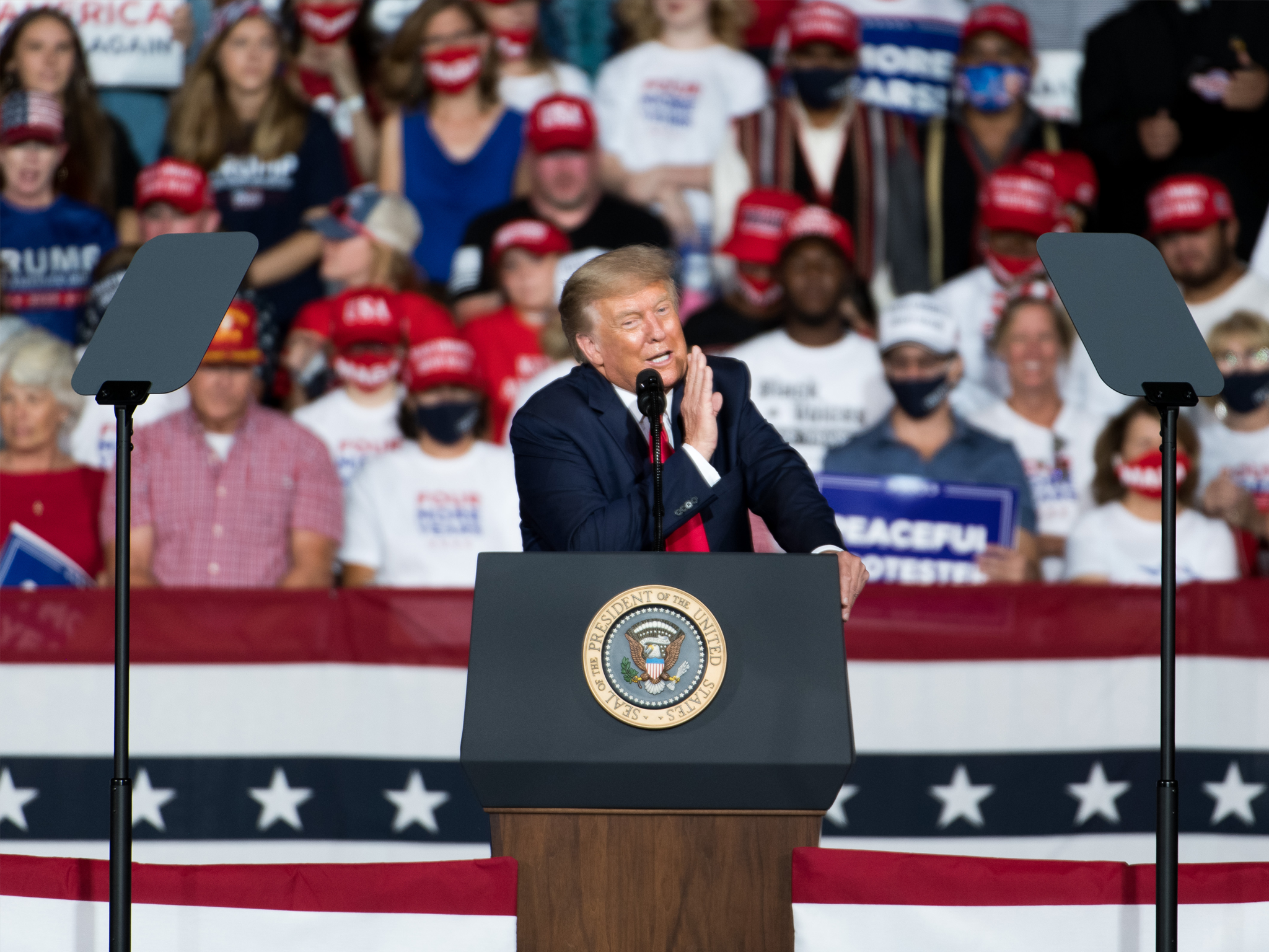 Donald Trump at a campaign rally a day before damning statements in a coming book surfaced, along with the recordings of his own words about the coronavirus,