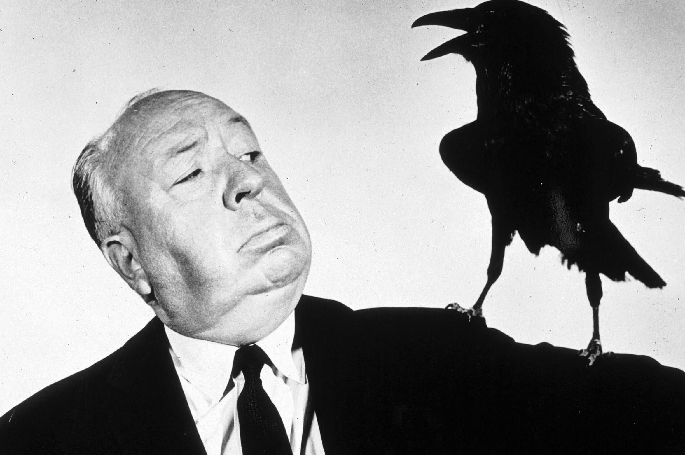 Hitchcock promoting his film 'The Birds',