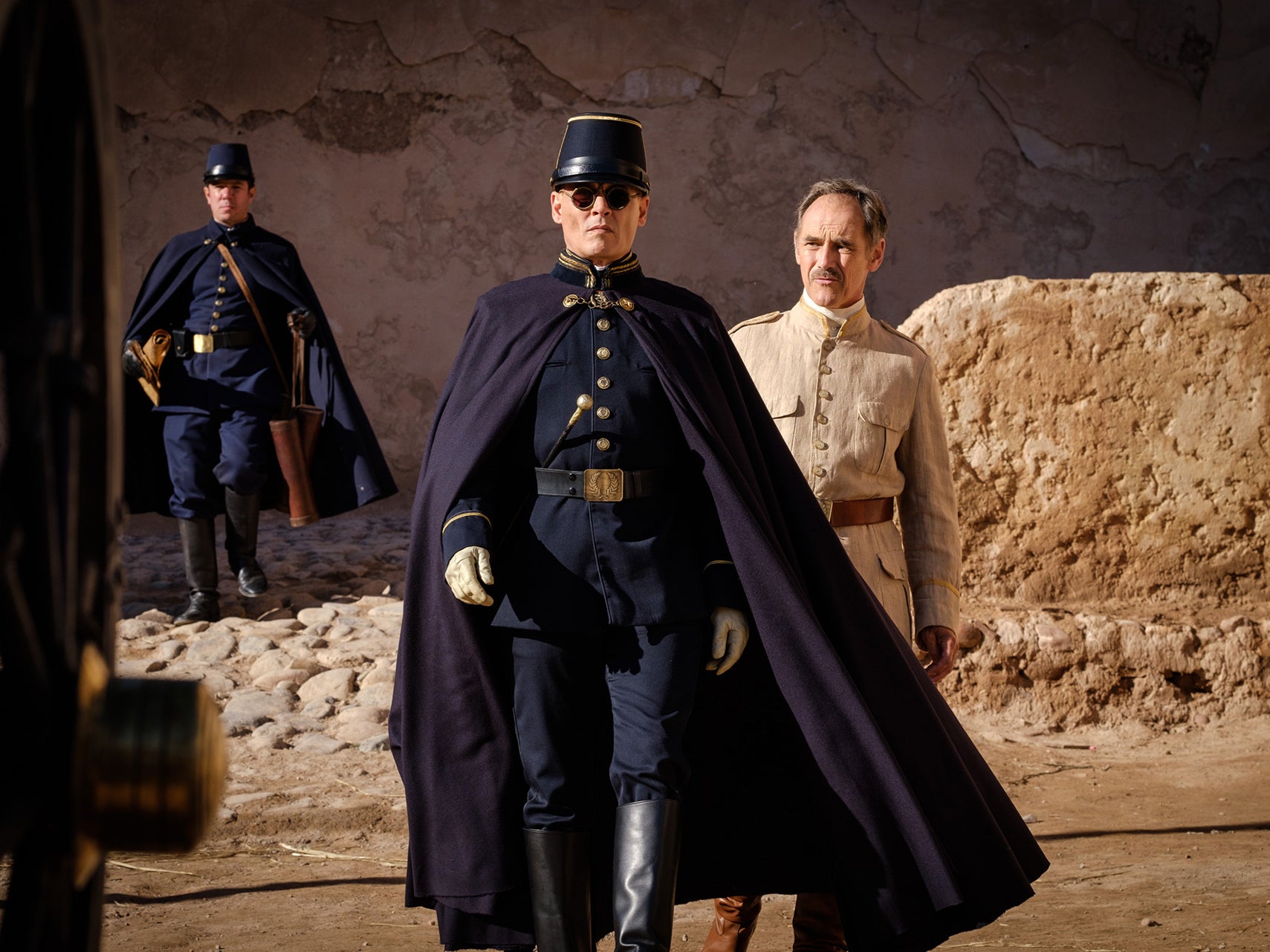 Johnny Depp (centre) and Mark Rylance (right) in Ciro Guerra’s imprecise fable, ‘Waiting for the Barbarians’