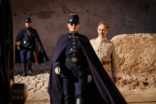 Johnny Depp (centre) and Mark Rylance (right) in Ciro Guerra’s imprecise fable, ‘Waiting for the Barbarians’