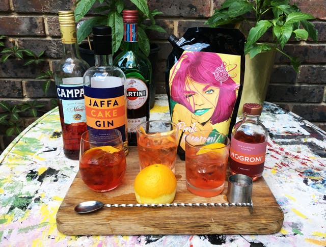 Three of a kind: Jaffa cake negroni, Asterley Bros’ pink negroni and the alcohol-free NOgroni
