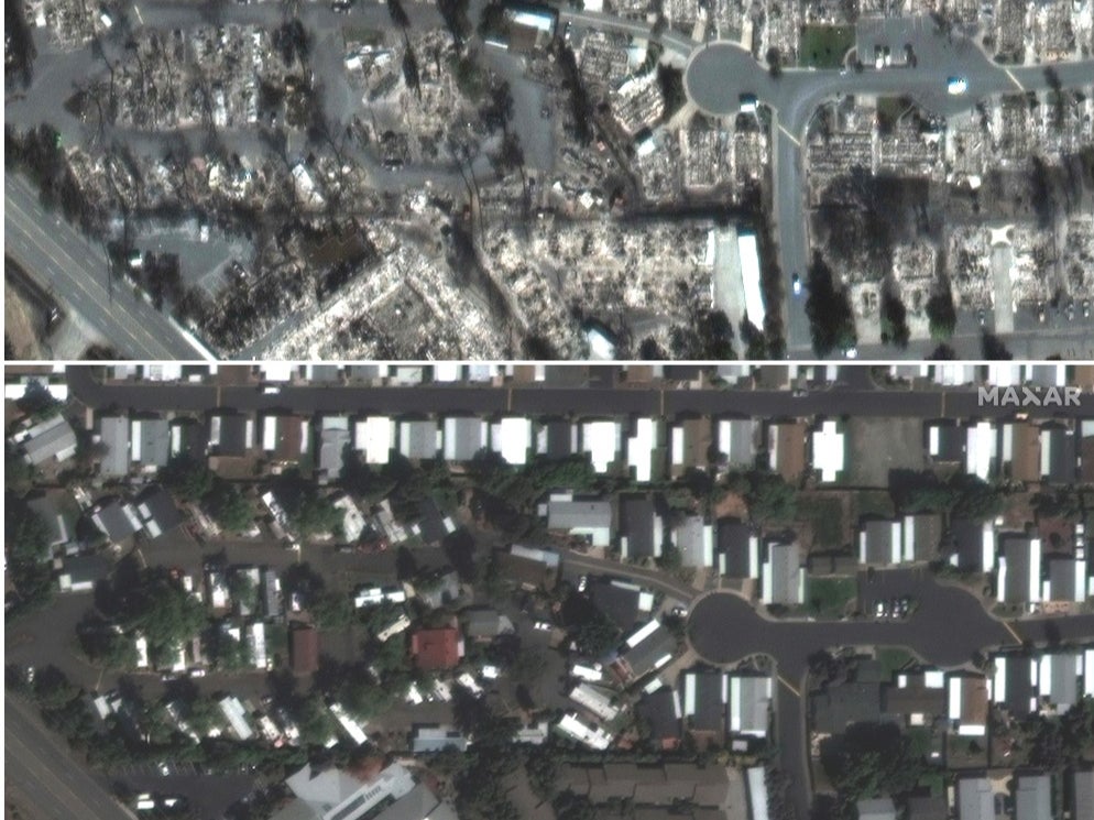 Satellite images shows before and after Northridge Terrace after the Alameda Fire in Medford, Oregon