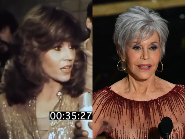 Jane Fonda interviewed about gay rights in 1979 (left) and Fonda presenting at the 2020 Oscars (right)