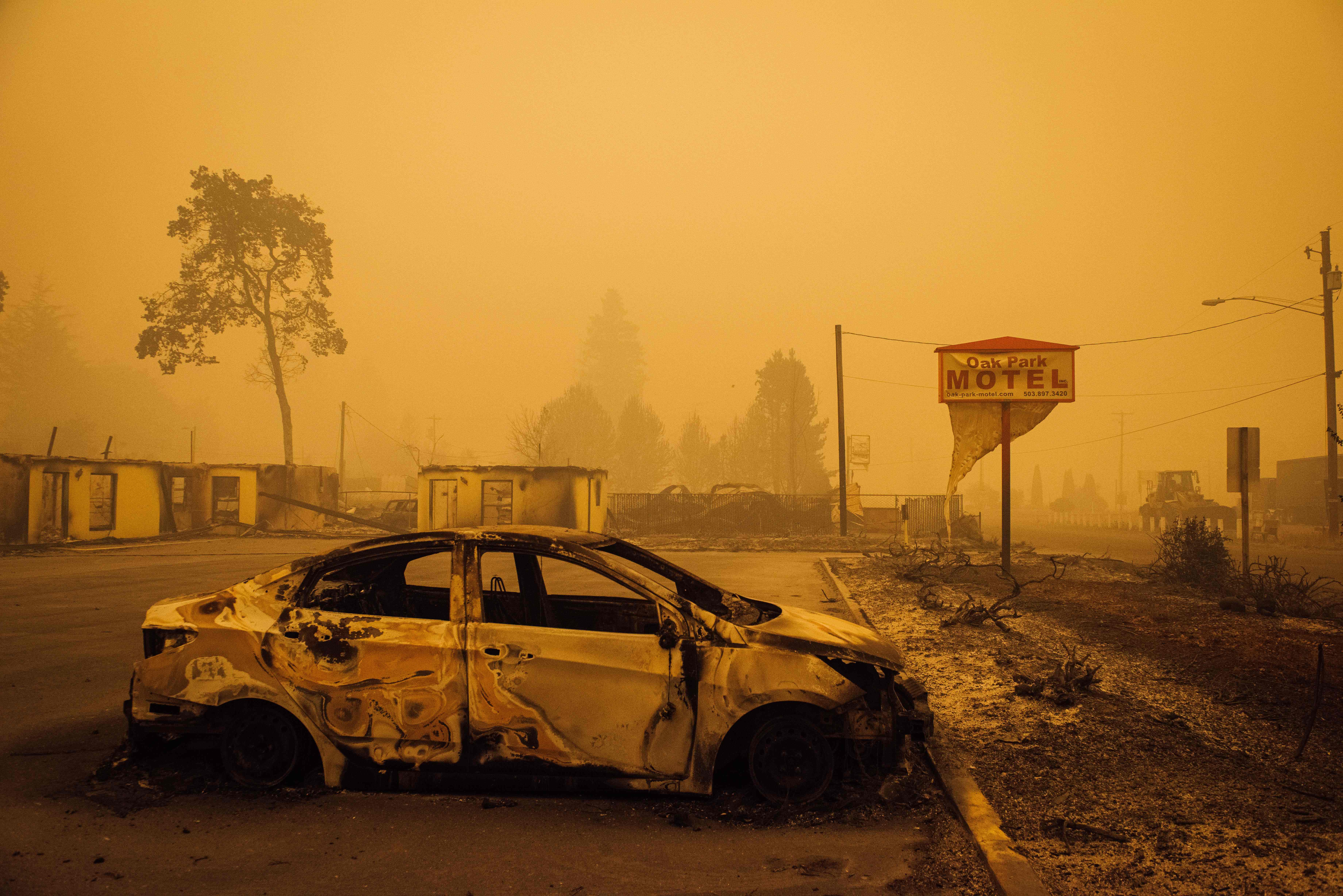 A car charred by the in Santiam Fire in Gates, Oregon
