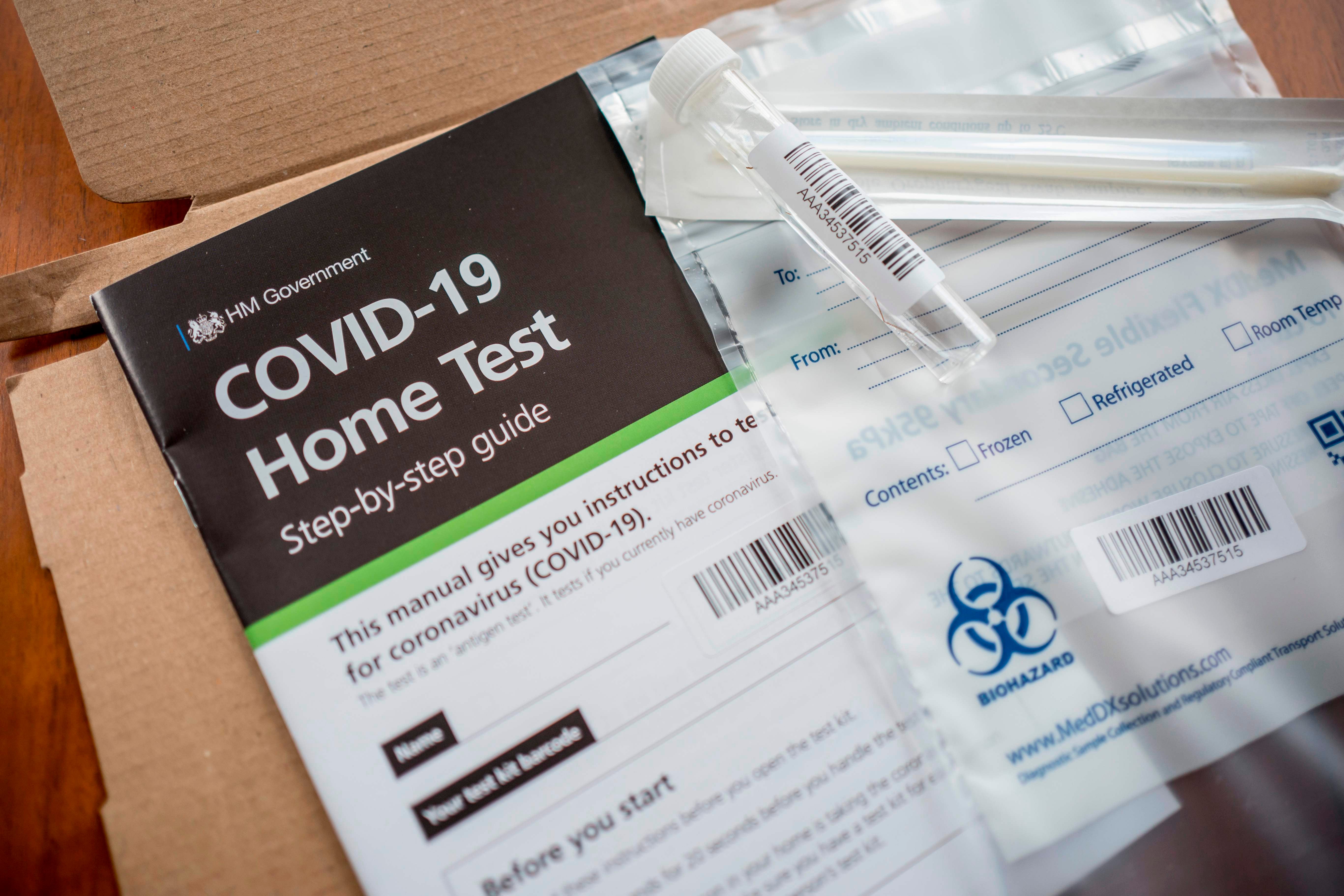 The contents of a UK Government Covid-19 antigen home test kit, which determines whether you are currently infected with the novel coronavirus