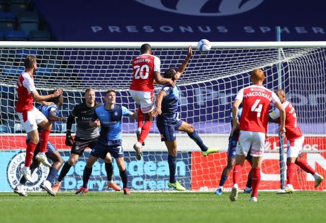 Michael Ihiekwe heads a winner for Rotherham United against Wycombe Wanderers