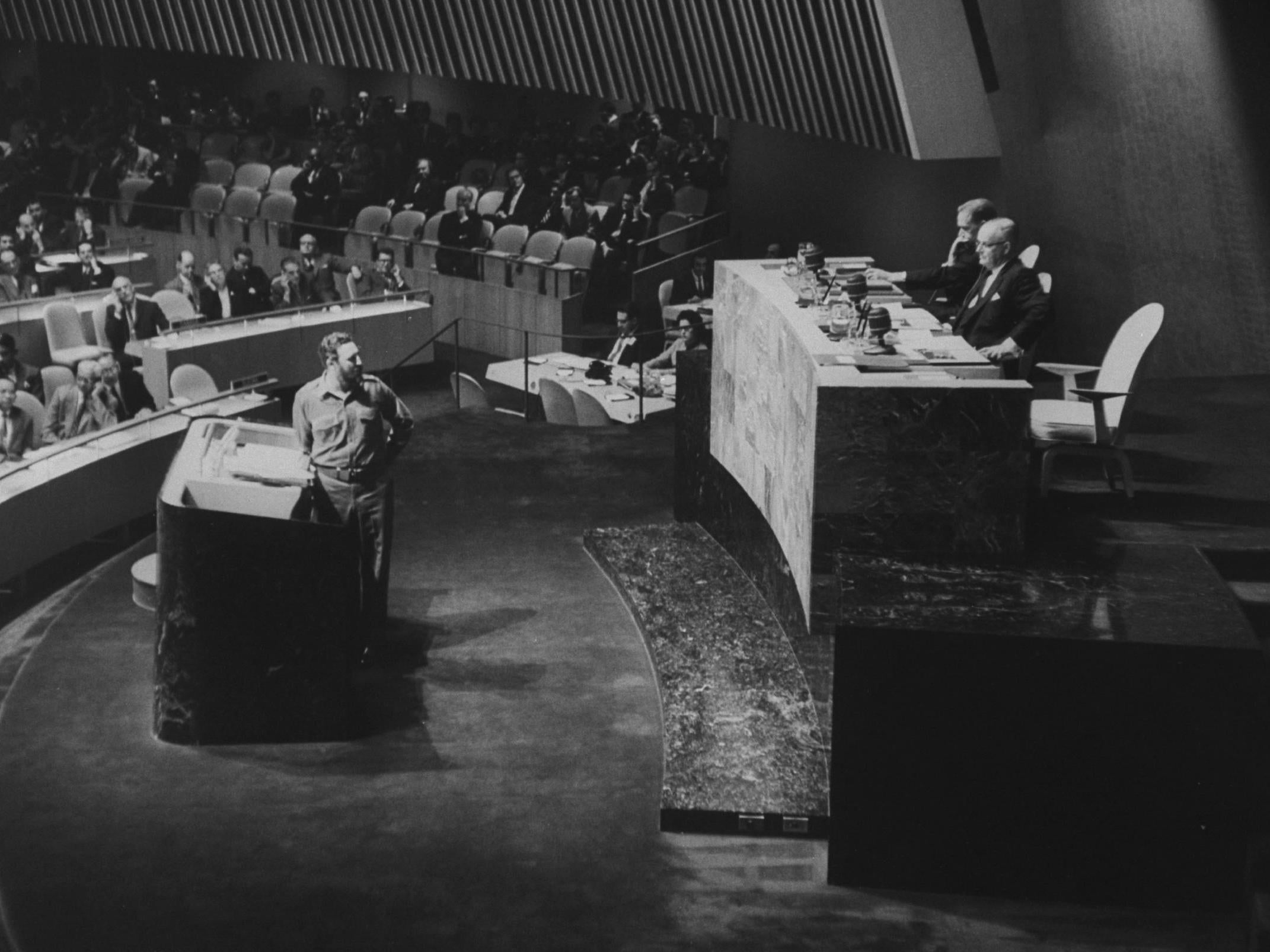 Fidel Castro (left) addresses the delegates in New York