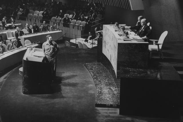 Fidel Castro (left) addresses the delegates in New York